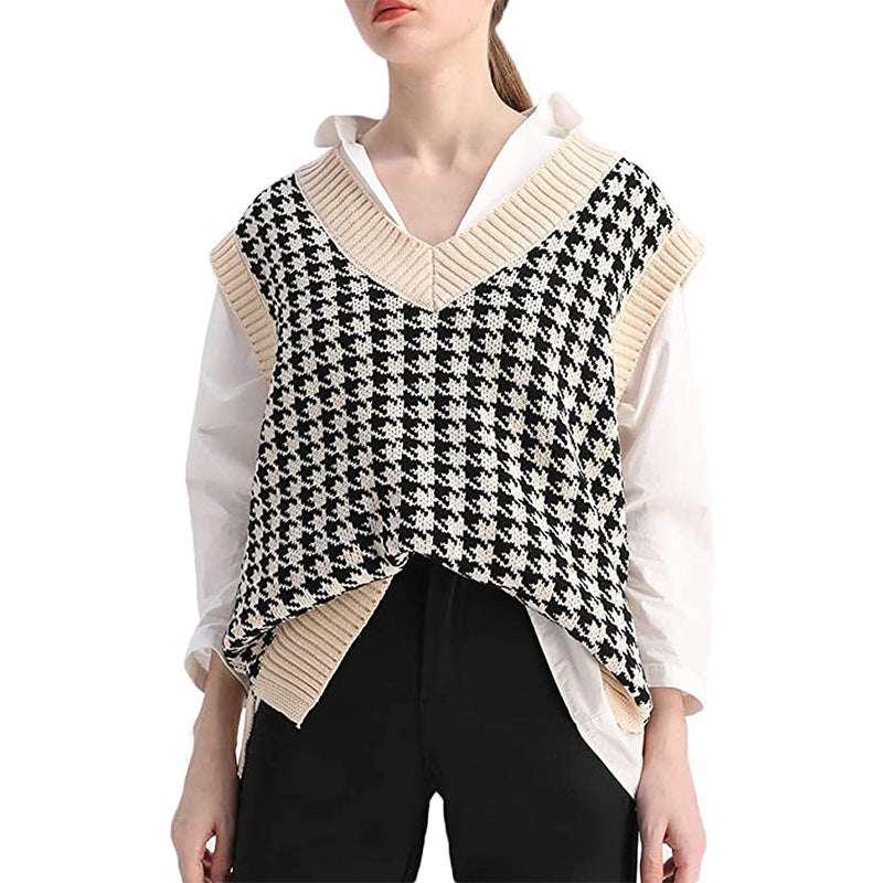 Damen Strickweste mit Hahnentritt-Muster, V-Ausschnitt und geripptem Saum Shop Nory