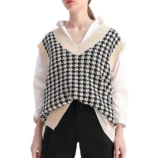 Damen Strickweste mit Hahnentritt-Muster, V-Ausschnitt und geripptem Saum Shop Nory