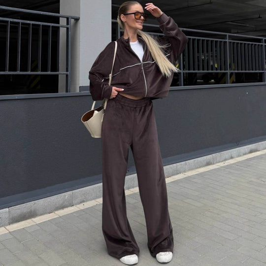 Damen Relaxed-Fleece-Set mit halblanger Zipjacke und extraweiter High-Waist Jogginghose Shop Nory