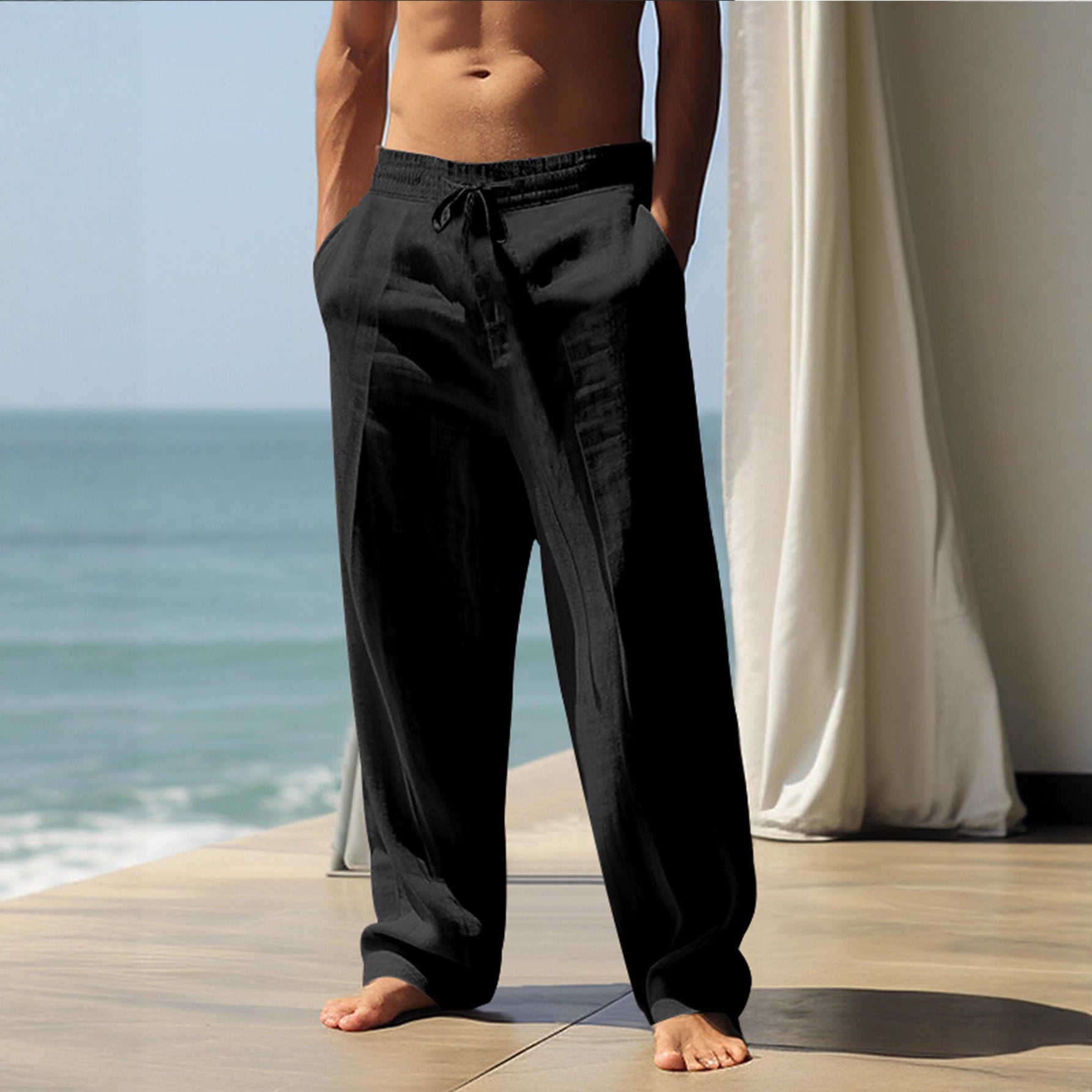 Herren Bequeme Leinenhose mit elastischem Bund und seitlichen Taschen ShopNory
