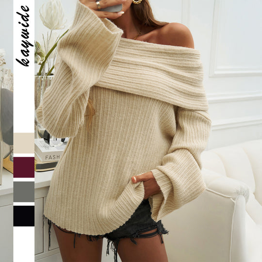Damen nan Oversize-Schulterfreier Rippstrickpullover mit weitem Umschlagkragen und Ballonärmeln Shop Nory