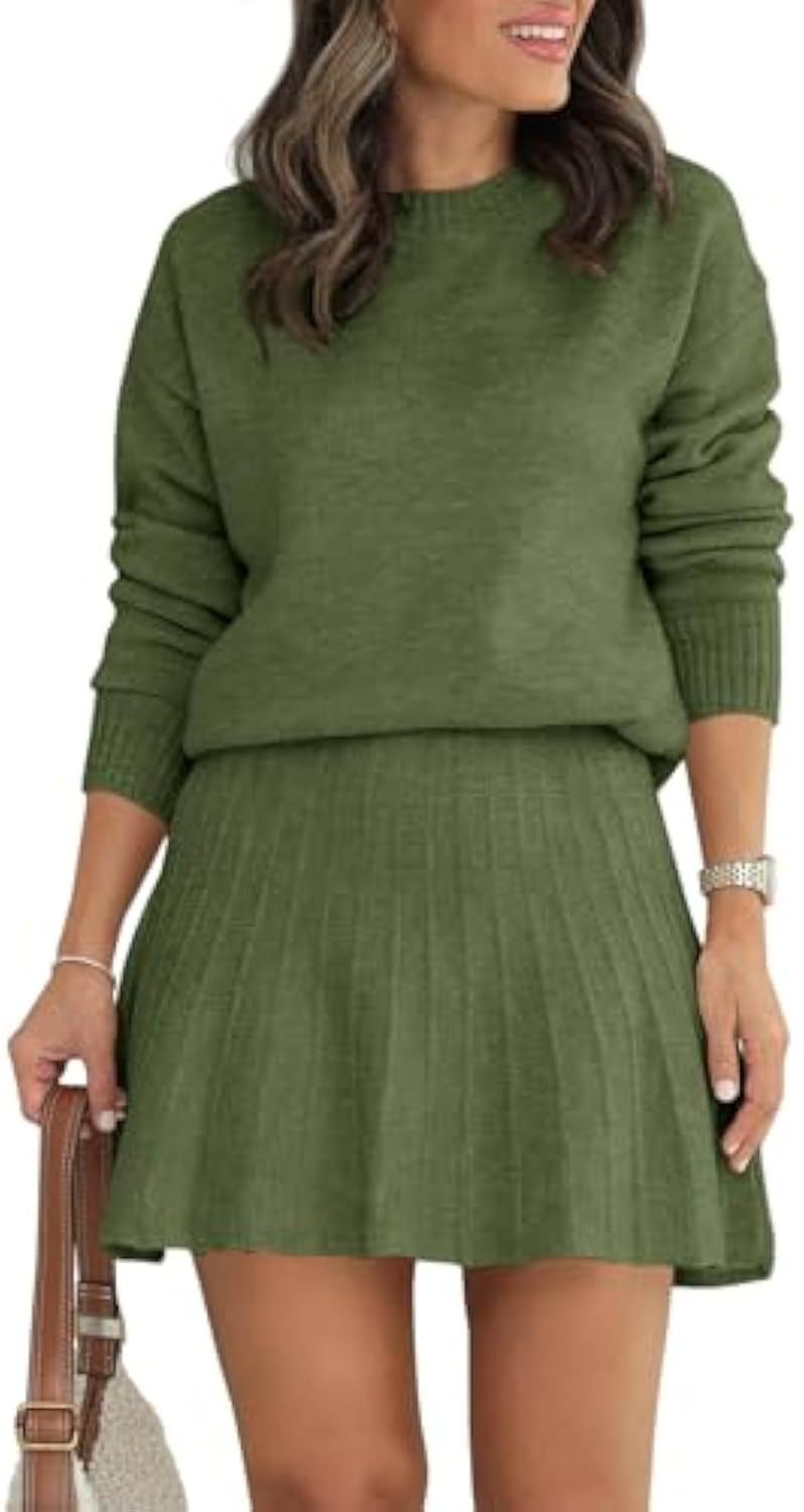 Damen Zweiteiliges Strick-Set mit Rundhals-Pullover und Plissée-Minirock Shop Nory