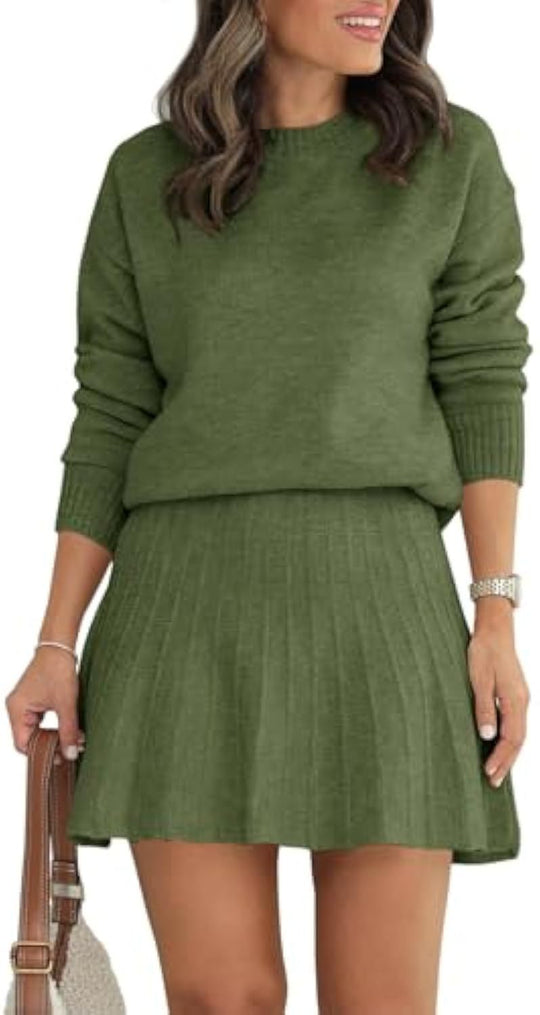 Damen Zweiteiliges Strick-Set mit Rundhals-Pullover und Plissée-Minirock Shop Nory