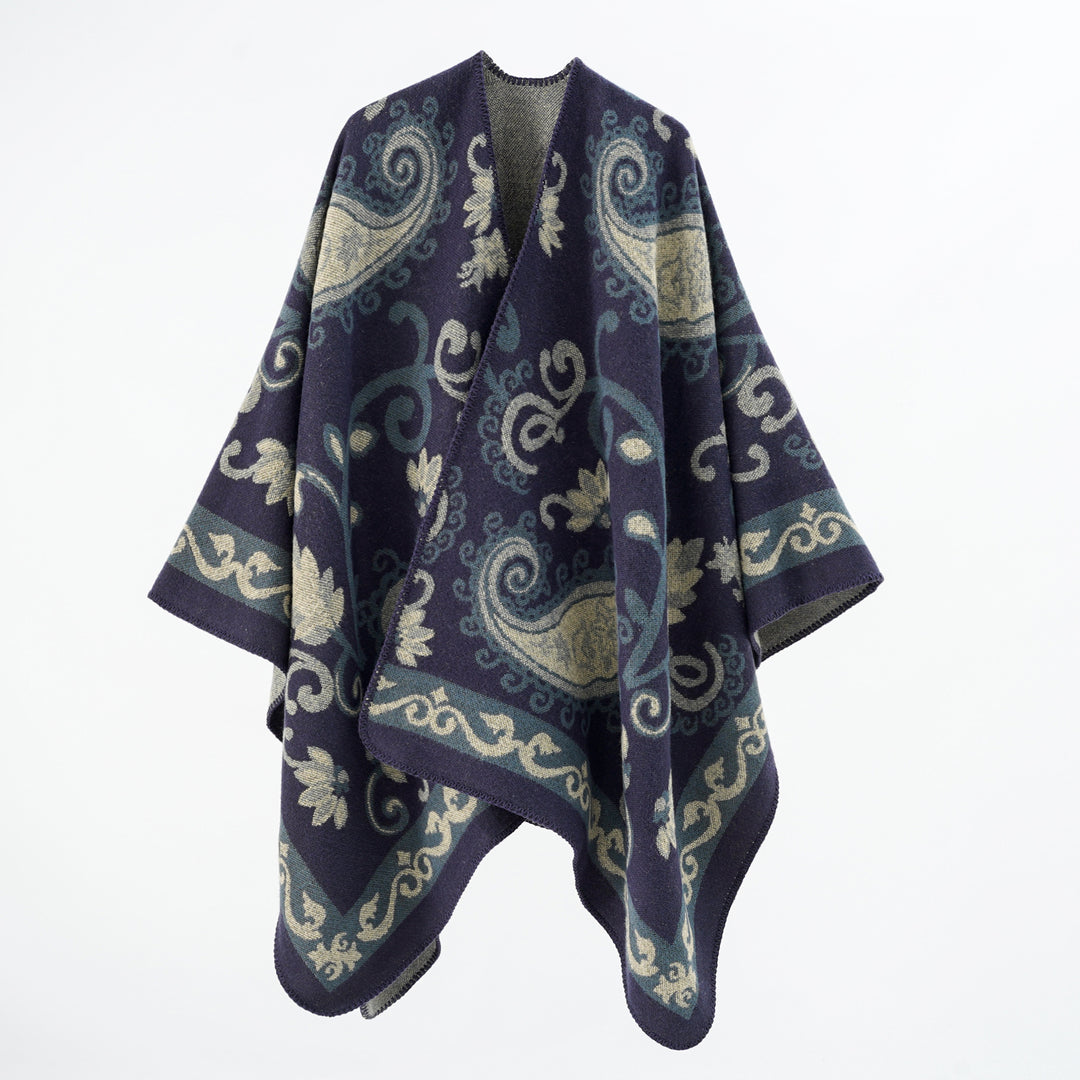 Damen Wollmix-Poncho-Umhang mit Paisley-Jacquard und Ziernaht Shop Nory