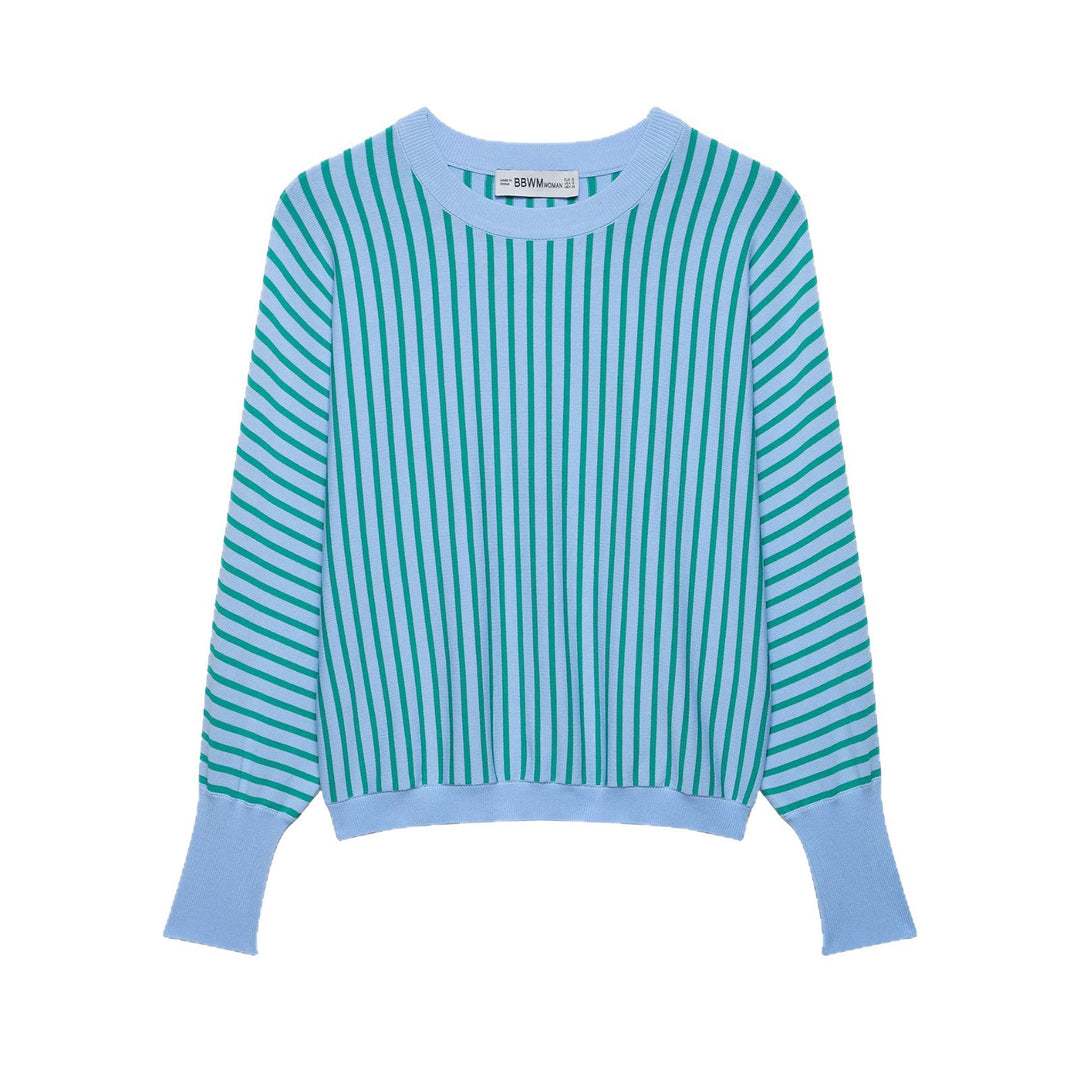 Damen Kurzgeschnittener gestreifter Feinstrick-Pullover mit verlängerten Rippärmeln Shop Nory