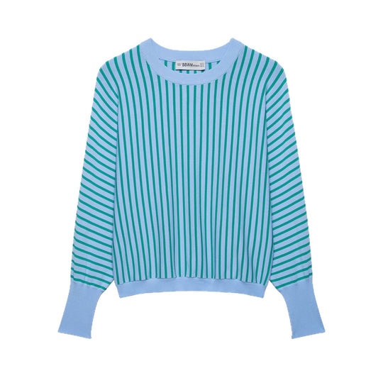 Damen Kurzgeschnittener gestreifter Feinstrick-Pullover mit verlängerten Rippärmeln Shop Nory