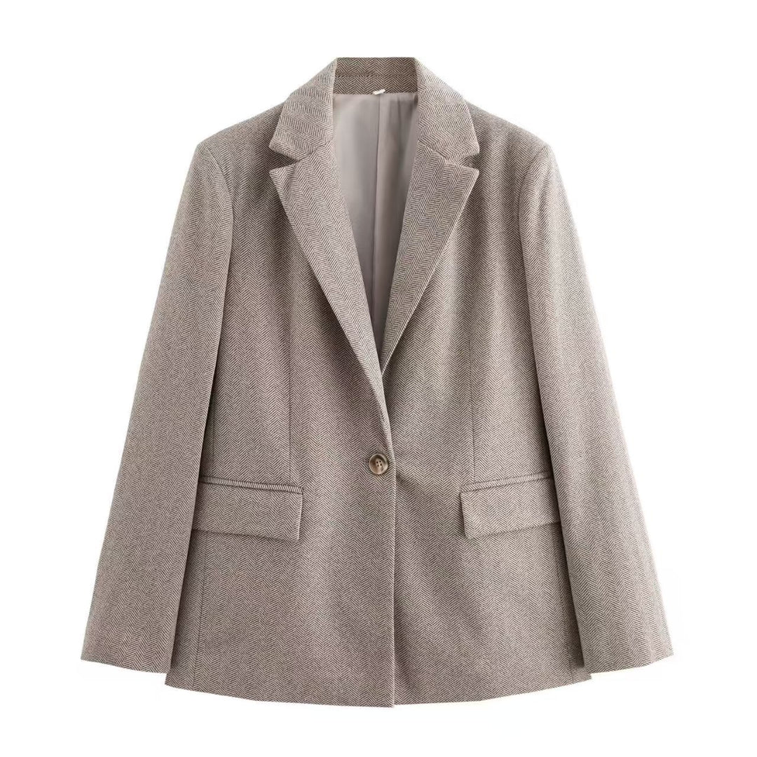 Damen Einreihiger Blazer mit Fischgrätmuster, Reverskragen und Pattentaschen Shop Nory