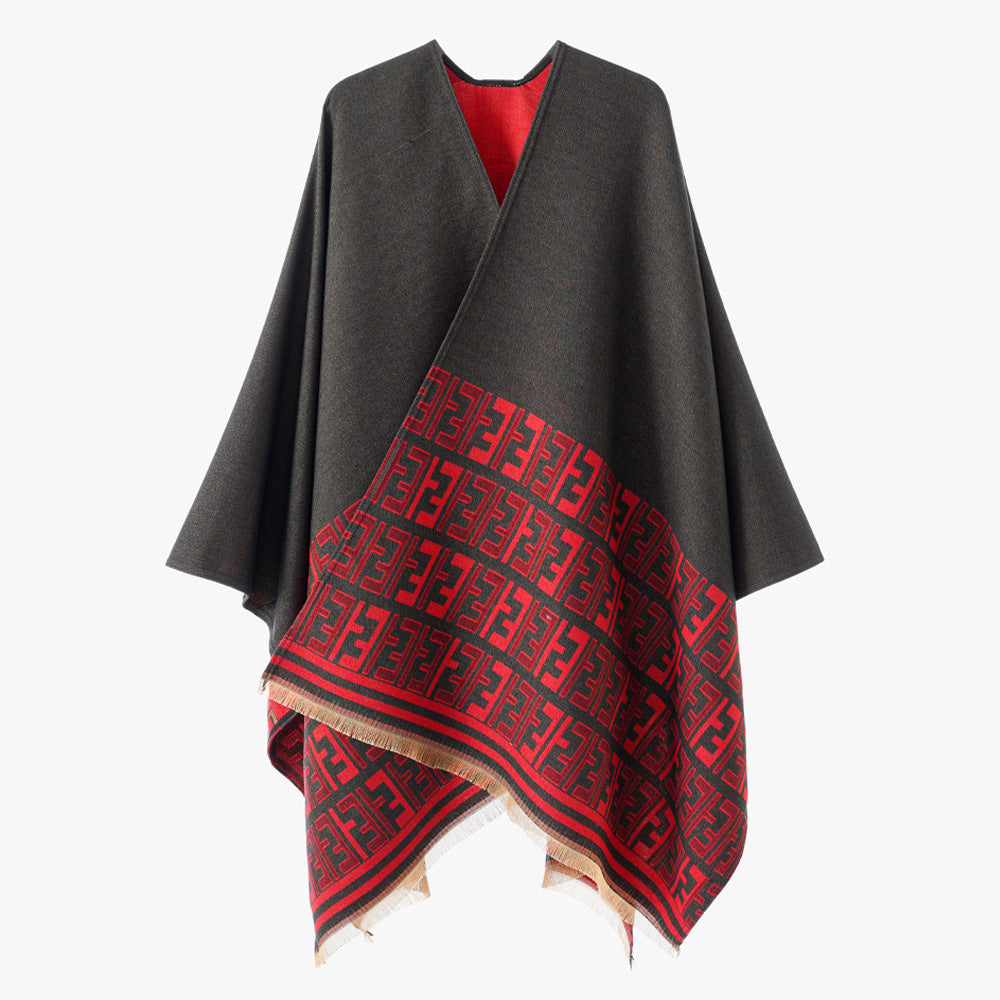 Damen Eleganter Cape-Überwurf im Kimono-Schnitt mit eingewebtem Monogramm und Fransensaum Shop Nory