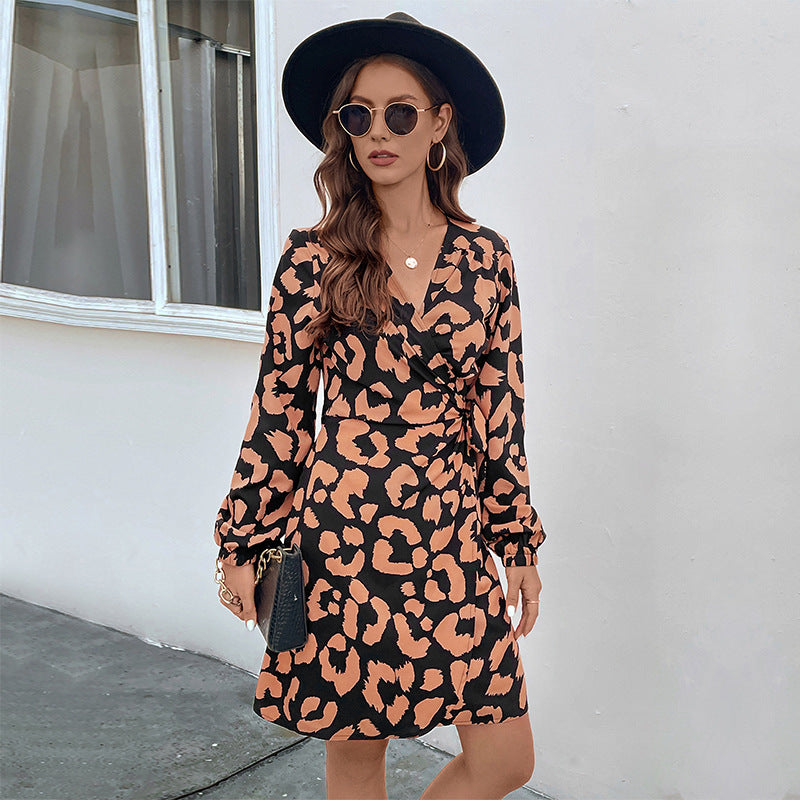 Damen Wickelkleid mit tailliertem Knoten, V-Ausschnitt, Ballonärmeln und Animal-Muster Shop Nory