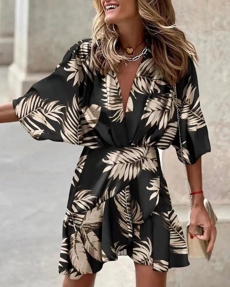 Damen Lässiges Wickelkleid mit voluminösen Ärmeln und modischem Tierdruck