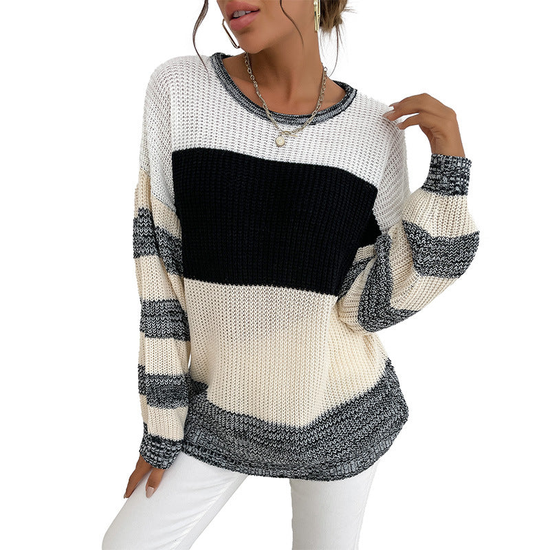Damen Oversize Strickpullover mit grobem Rippstrick, Blockstreifen und weitem Rundhalsausschnitt Shop Nory
