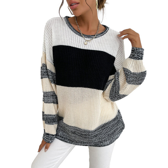 Damen Oversize Strickpullover mit grobem Rippstrick, Blockstreifen und weitem Rundhalsausschnitt Shop Nory