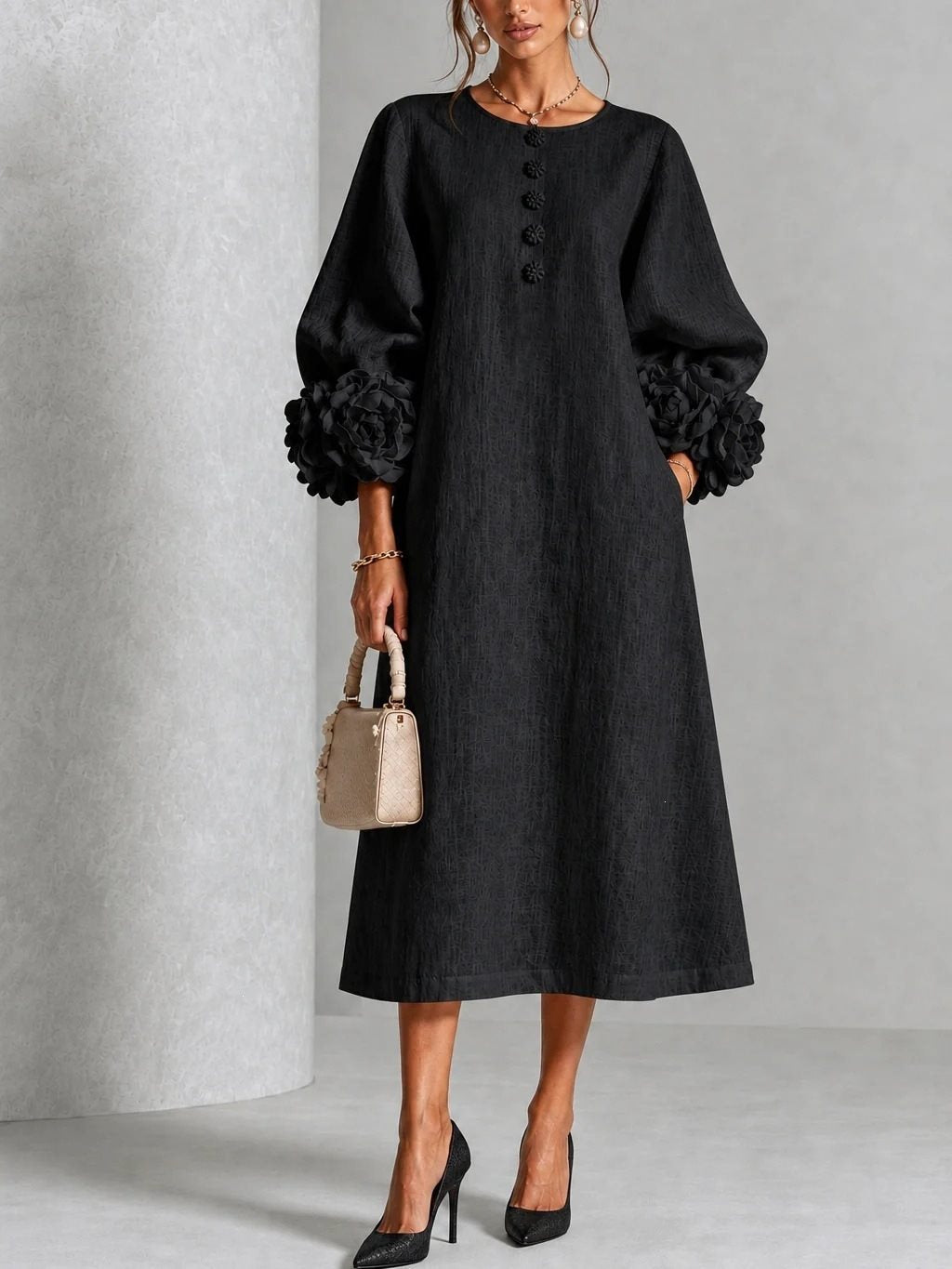 Damen Midikleid aus Leinen mit Ballonärmeln und 3D-Blütenmanschetten Shop Nory