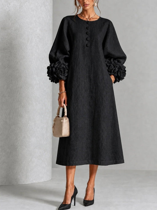 Damen Midikleid aus Leinen mit Ballonärmeln und 3D-Blütenmanschetten Shop Nory