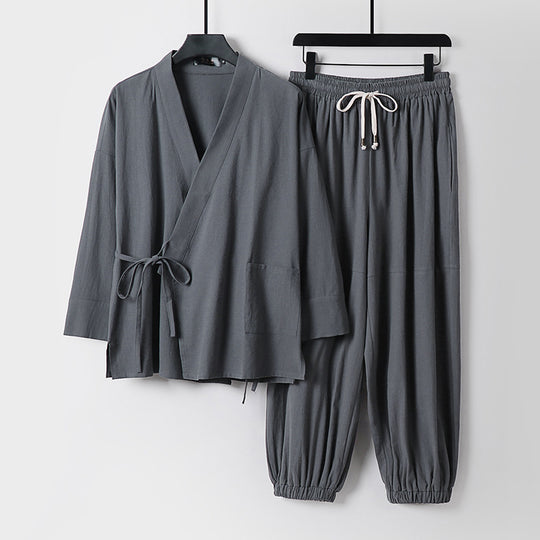 Unisex Entspanntes Kimono-Set mit Wickeljacke, dreiviertelärmeln und elastischer Kordelharemshose Shop Nory