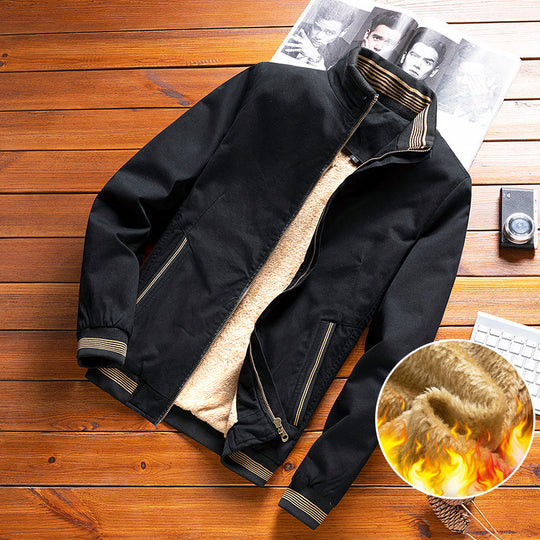 Herren leichter Canvas-Bomber mit gestreiften Rippbündchen, Stehkragen und Reißverschlusstaschen Shop Nory
