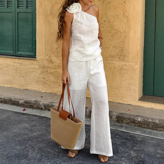 Damen Einschultriger Leinen-Jumpsuit mit Zier-Rosette und weitem Bein Shop Nory