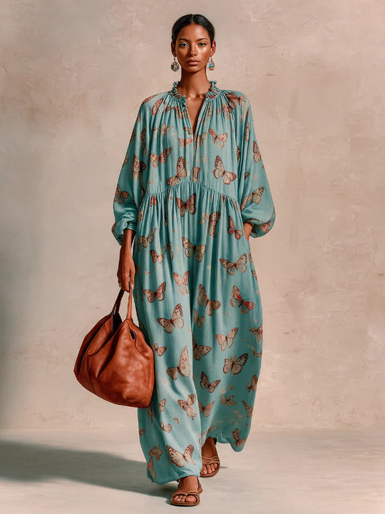 Damen Maxikleid im Boho-Caftan-Stil mit Schmetterlingsprint und geraffter Empire‑Taillen Shop Nory