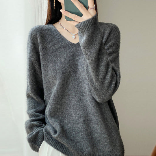 Damen Oversize-Feinstrickpullover mit feinem V-Ausschnitt und verlängertem Ärmelabschlusst Shop Nory