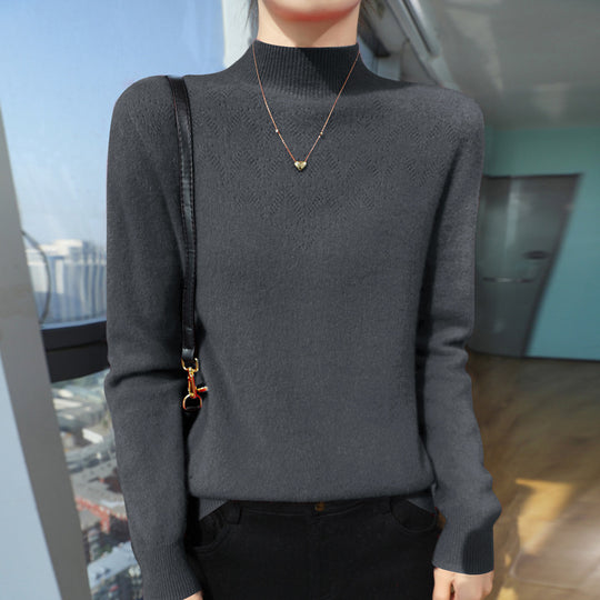Damen Schlanker minimalistischer Stehkragen-Feinstrickpullover mit geripptem Hals Shop Nory