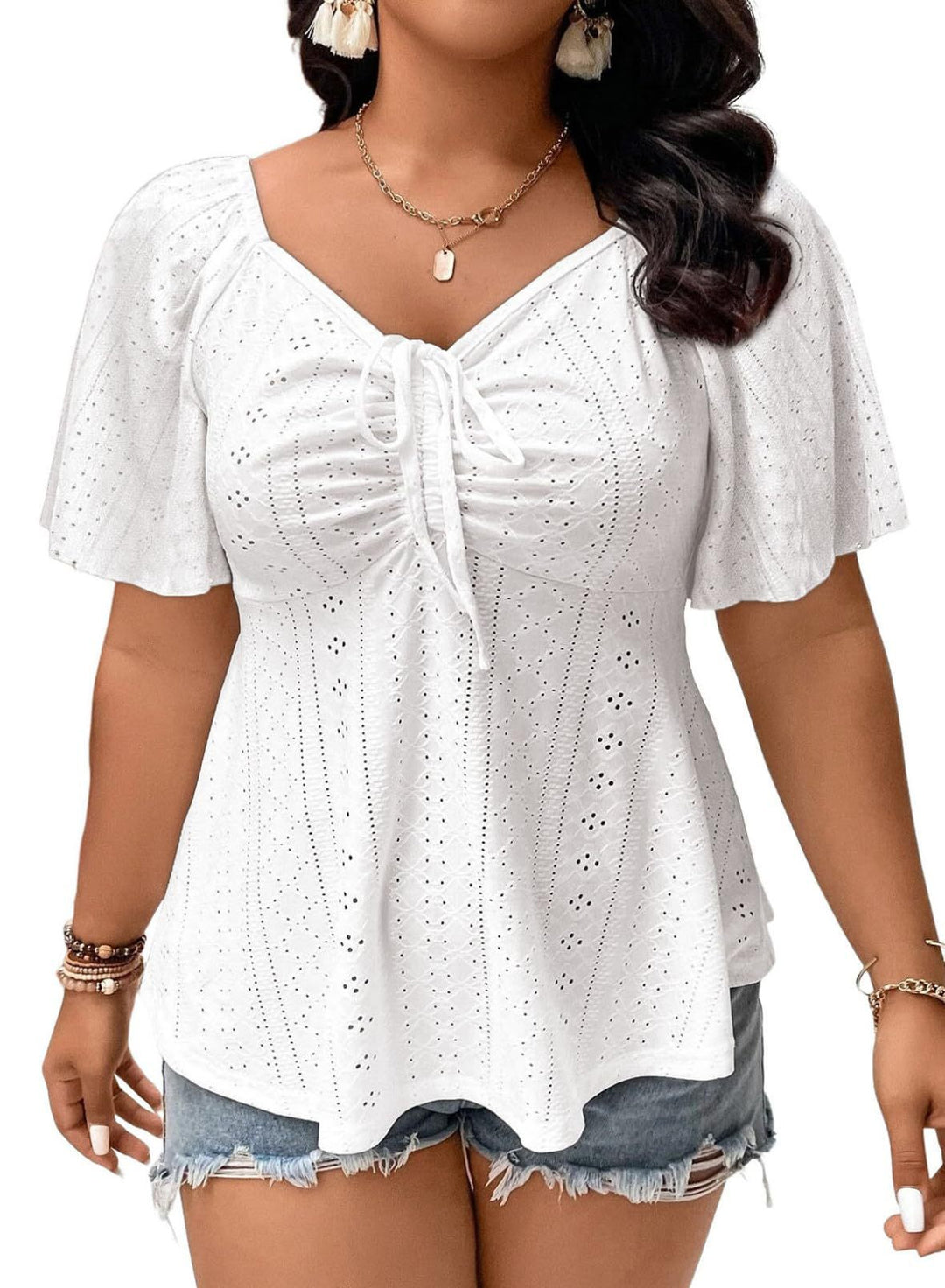 Damen A-Linien Boho-Bluse mit Lochstickerei, Raffung und Bindeband Shop Nory