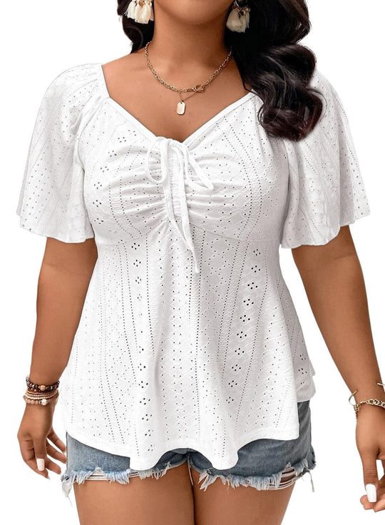 Damen A-Linien Boho-Bluse mit Lochstickerei, Raffung und Bindeband Shop Nory