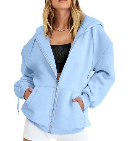 Damen nan oversized Zip-Kapuzenjacke mit kontrastierendem Reißverschluss, doppellagiger Kapuze und Kängurutasche Shop Nory