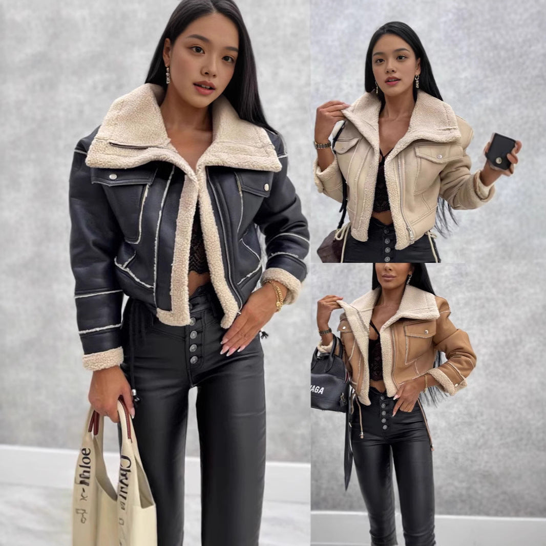 Damen Kurz geschnittene Bikerjacke mit Teddyfutter und Kontrastnähten Shop Nory