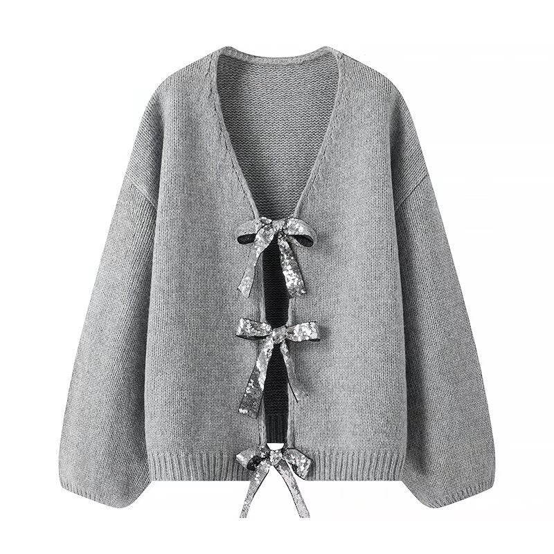 Damen Oversize-Strickcardigan mit V‑Ausschnitt und Pailletten‑Schleifen Shop Nory