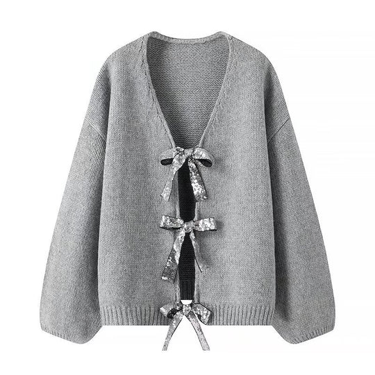 Damen Oversize-Strickcardigan mit V‑Ausschnitt und Pailletten‑Schleifen Shop Nory