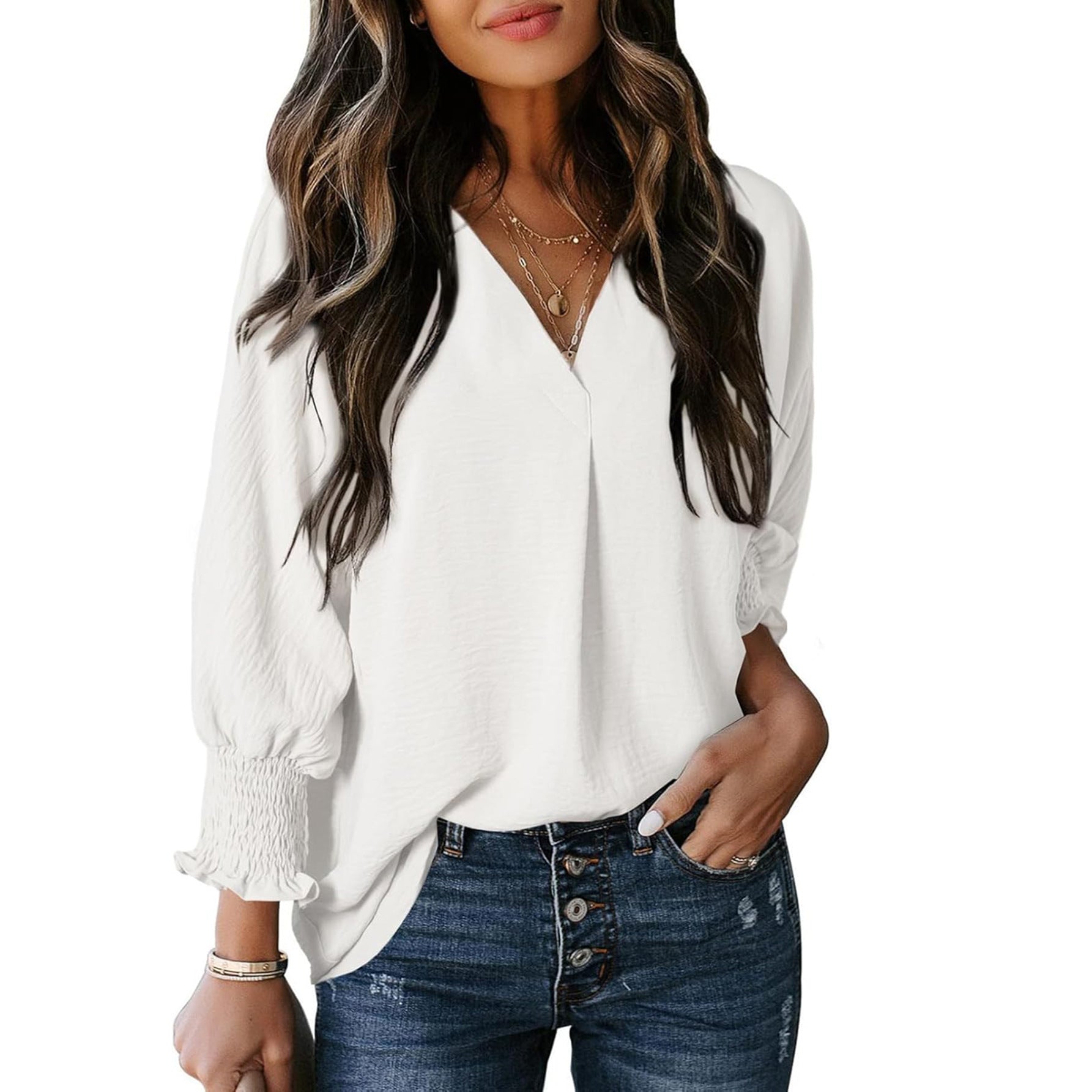 Damen V-Ausschnitt Bluse mit lässigen Ballonärmeln und Rüschendetails
