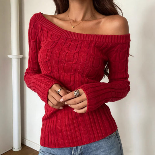 Damen Schulterfreier Zopfstrick‑Pullover mit figurbetonter Silhouette Shop Nory