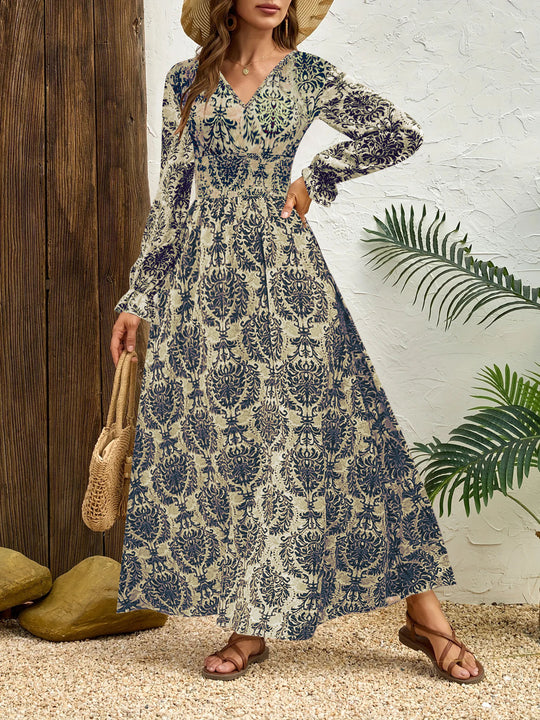 Damen Fließendes Maxikleid mit geraffter Smock-Taille, Trompetenärmeln und ornamentalem Druck Shop Nory