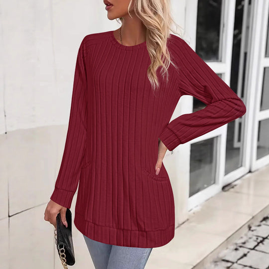 Damen Gerippter Longpullover-Tunika mit Rundhals, Seitentaschen und legerer Passform Shop Nory