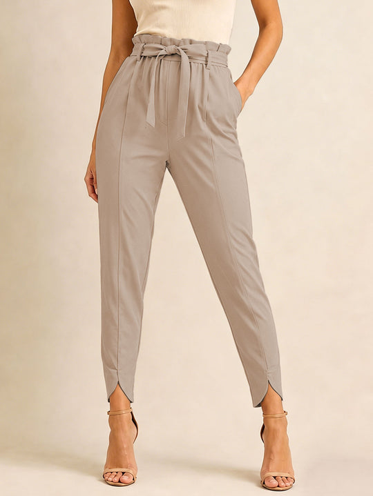 Damen hoch taillierte Paperbag-Hose mit Bindegürtel und geschlitztem Knöchelabschluss Shop Nory