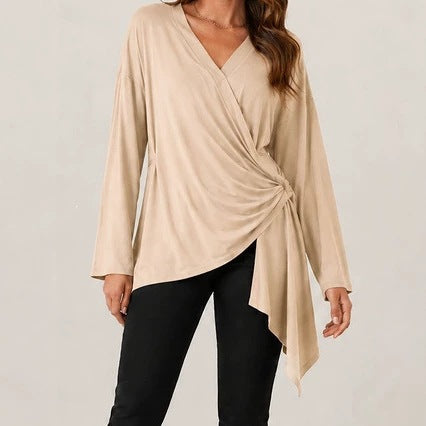Damen Wickelshirt mit seitlicher Knotenpartie, V‑Ausschnitt und asymmetrischem Saum Shop Nory