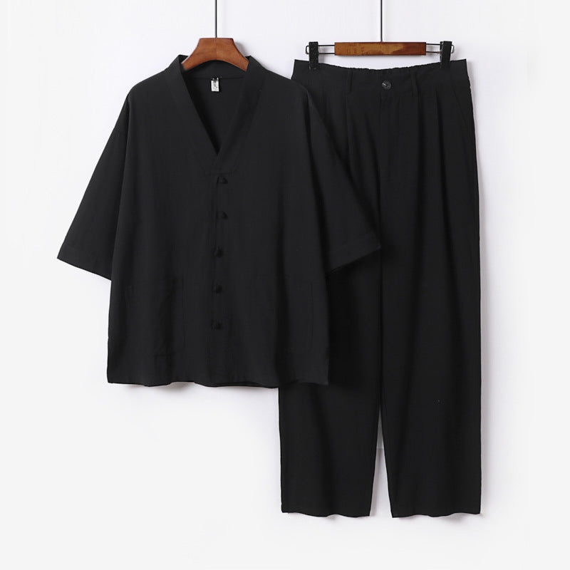 Unisex Zen-inspiriertes Relax-Set mit Kurzarm-Kimono-Oberteil, verdeckter Knopfleiste und elastischer Bundhose Shop Nory