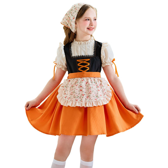 Damen nan traditionelles Kinderdirndl mit Schnürung, Rüschenschürze und Kopftuch Shop Nory