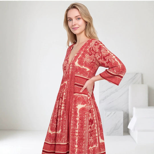Damen V-Ausschnitt Midikleid mit dreiviertel Ärmeln, Eingrifftaschen & ausgestellter A‑Linien‑Silhouette Shop Nory