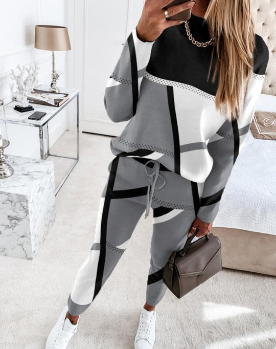 Damen Lässiges Zweiteiliges Lounge-Set mit grafischem Print und Kordelzug Shop Nory