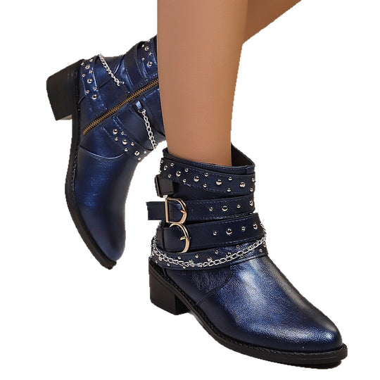 Damen Nietenbesetzte Stiefelette mit Ketten‑ und Schnallen‑Details Shop Nory