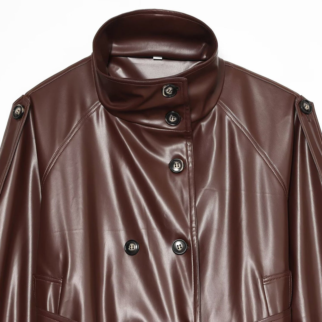 Damen Cropped Kunstlederjacke mit hochgeschlossenem Funnelkragen und Taillenband Shop Nory
