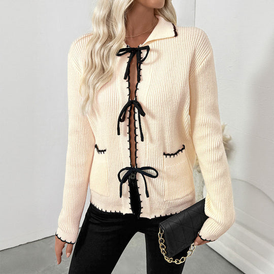 Damen Feinstrick-Cardigan mit dekorativem Bändchenverschluss und Kontrastkanten Shop Nory