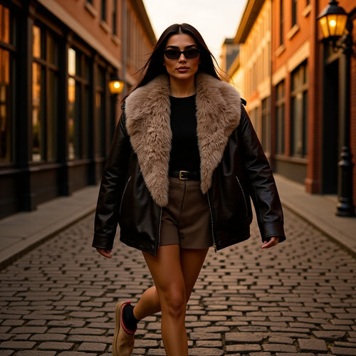Damen Kurzjacke im Aviatorstil aus Lederoptik mit extragroßem Kunstfellkragen und metallischem Reißverschluss Shop Nory