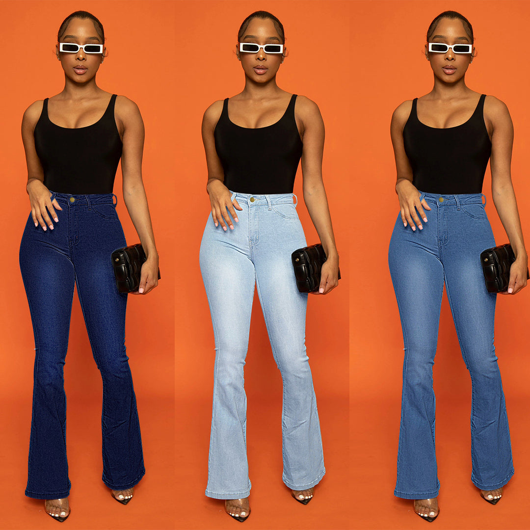 Damen Taillenhohe figurbetonte Schlagjeans aus Stretch-Denim mit ausgestelltem Bein Shop Nory