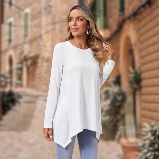 Damen Langes A-Linien Tunika-Oberteil mit Rundhals und asymmetrischem Saum Shop Nory