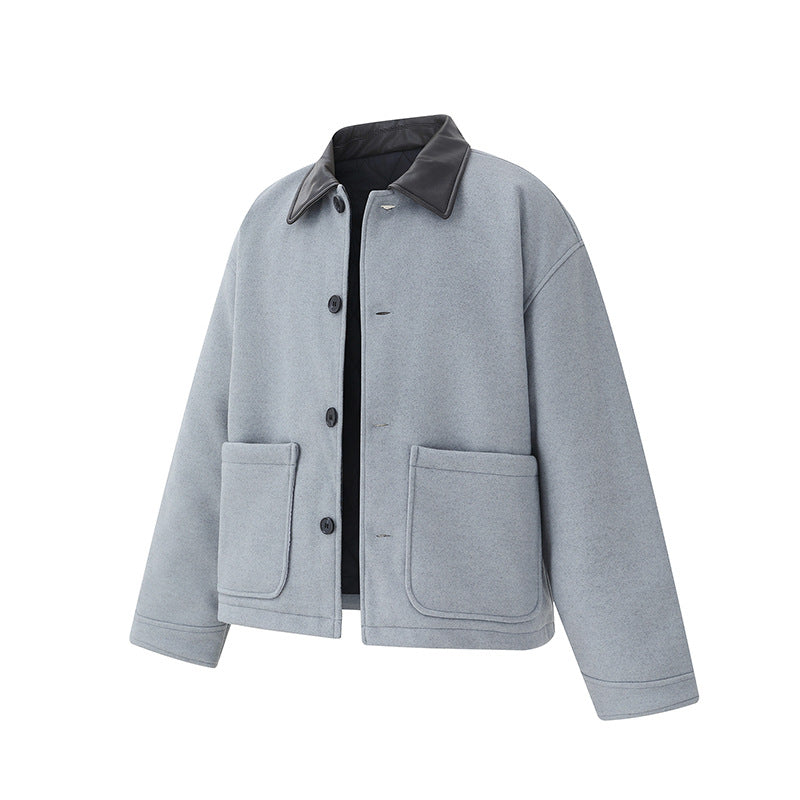 Unisex Kurzblouson im minimalistischen Workwear‑Look aus Wollmix mit Lederoptikkragen Shop Nory