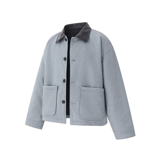 Unisex Kurzblouson im minimalistischen Workwear‑Look aus Wollmix mit Lederoptikkragen Shop Nory
