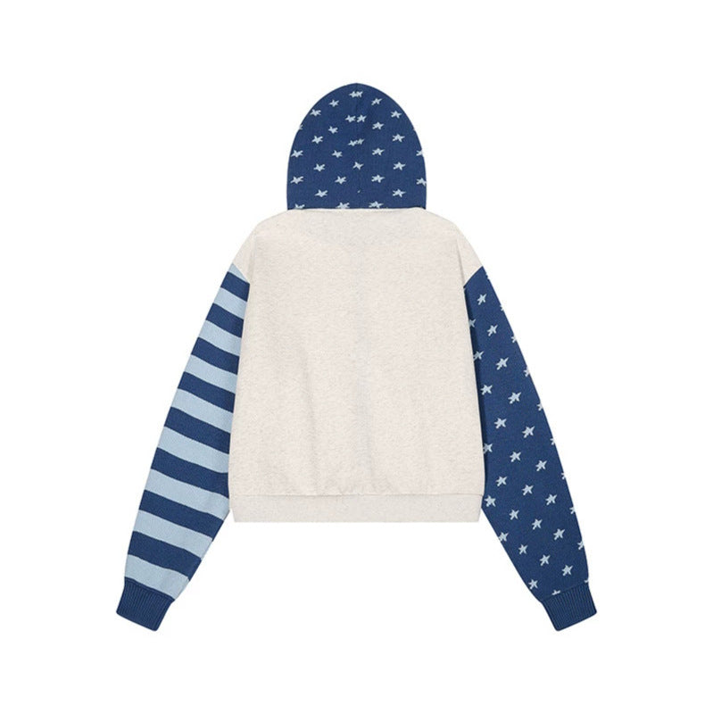 Damen Kurz geschnittene Kapuzen-Sweatjacke mit durchgehendem Reißverschluss, gemusterten Ärmeln und Sternmotiv Shop Nory