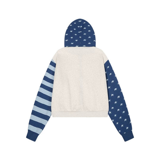 Damen Kurz geschnittene Kapuzen-Sweatjacke mit durchgehendem Reißverschluss, gemusterten Ärmeln und Sternmotiv Shop Nory